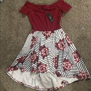 Off-Shoulder Maroon and Floral Dress